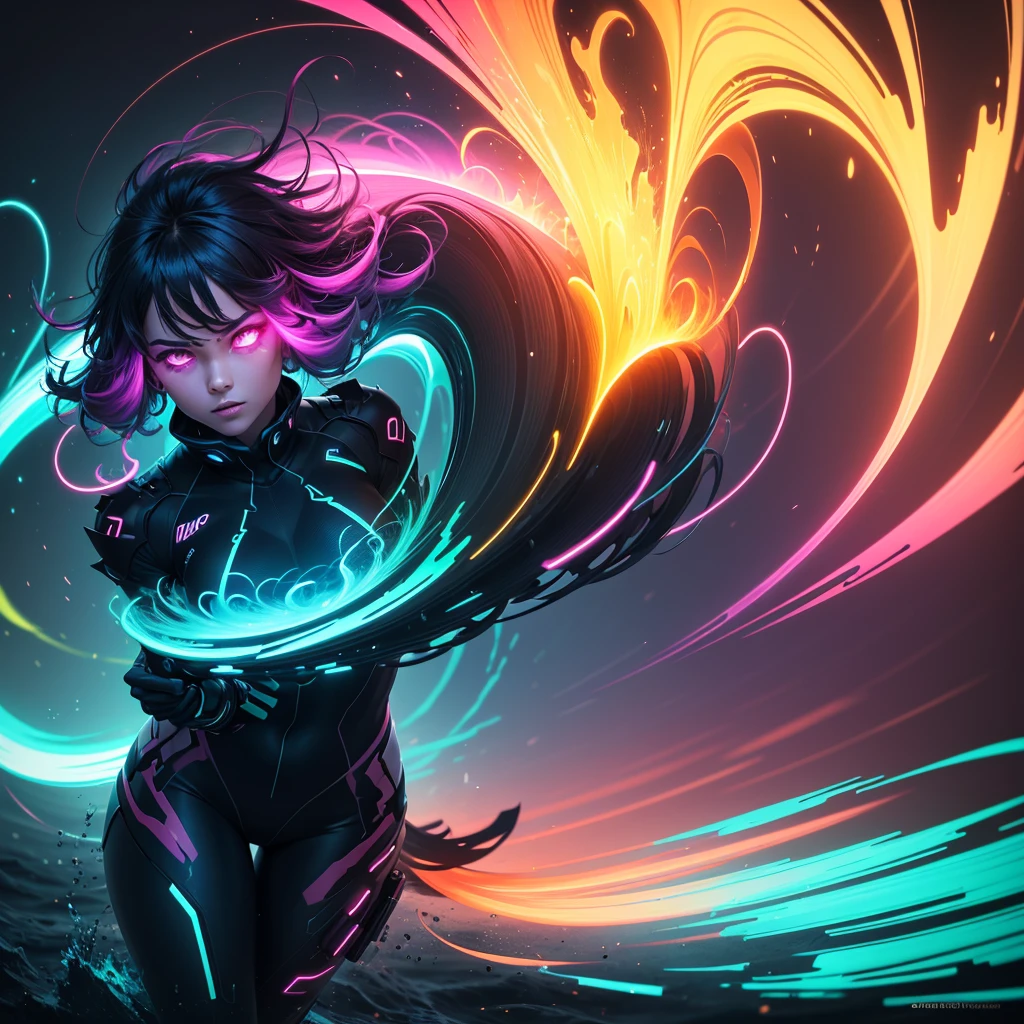 **Create an image of abstract energy waves in neon colors. The waves should be vibrant and fluid, featuring a dynamic range of neon hues such as electric blue, hot pink, neon green, and bright orange. The abstract patterns should blend and pulse with intensity, creating a sense of movement and vibrancy. The background can be dark or gradient to enhance the neon colors and make the energy waves stand out with a glowing, luminous effect. The overall look should be futuristic and visually striking, emphasizing the radiant and energetic nature of the neon waves.**