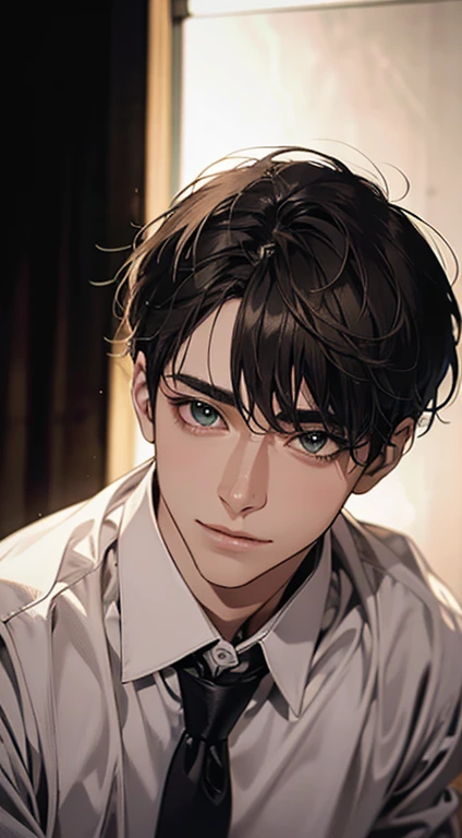 (Highest quality,4K,8K,High resolution,masterpiece:1.2),Super detailed,(Realistic,photoRealistic,photo-Realistic:1.37),1 person,34 years old,Mature Men,Beautiful skin、very handsome,Expressionless smile in love,Short gray brown hair,green eyes,Sharp Eyes,A perfect face without a doubt,Businessman, CEO, Office Background,Cinema Lighting,HDR image,tie、