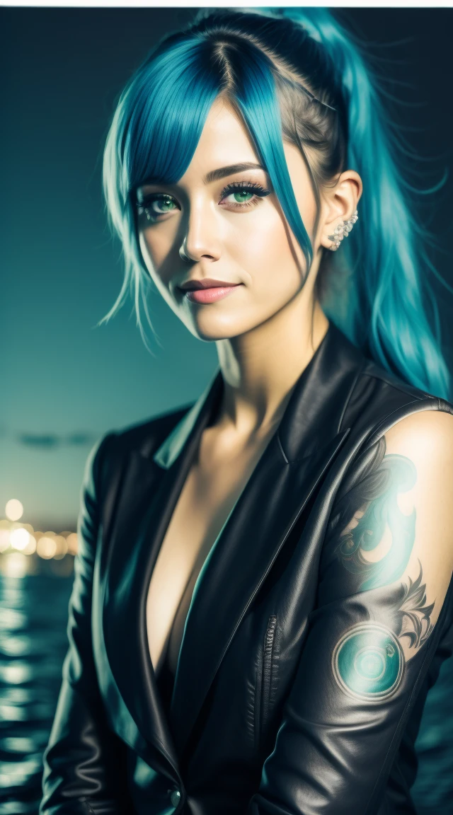 Woman with blue hair and a tattoo, ,wears a black blazer, Rock, photorealistic costume style, dark turquoise and light emerald, realistic sea paintings, uhd image, The spiral, aurorapunk (​masterpiece, side-lighting, Lovely, finely detailed eyes: 1.2 ), HDR,Night scene, Close up photo of a sexy naked girl, posing, look into a camera and smile, pink ponytail hair,  (green eyes: 0.8), Lovelys junges Gesicht, the 18, soft volumetric lights, (Contre-Jour: 1.3), (filmic: 1.3), Intricate detailing, (artstation: 1.2)