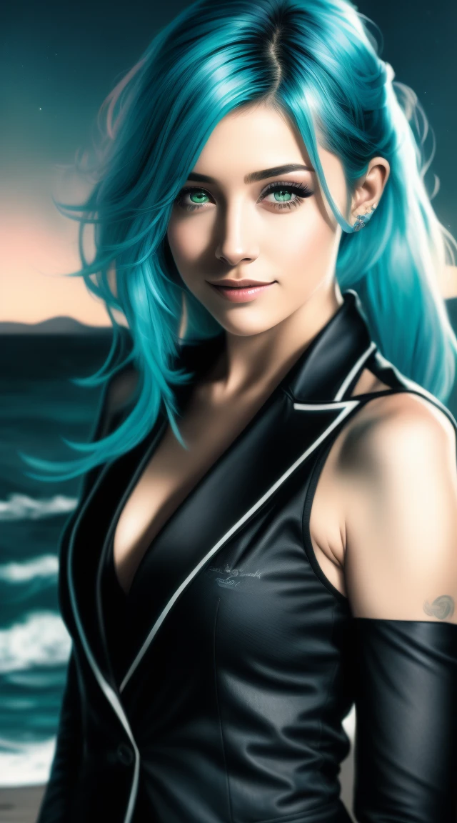 Woman with blue hair and a tattoo, ,wears a black blazer, Rock, photorealistic costume style, dark turquoise and light emerald, realistic sea paintings, uhd image, The spiral, aurorapunk (masterpiece, side-lighting, Lovely, finely detailed eyes: 1.2 ), HDR,Night scene, Close up photo of a sexy naked girl, posing, look into a camera and smile, pink ponytail hair, (green eyes: 0.8), Lovelys junges Gesicht, the 18, soft volumetric lights, (Contre-Jour: 1.3), (filmic: 1.3), Intricate detailing, (artstation: 1.2)