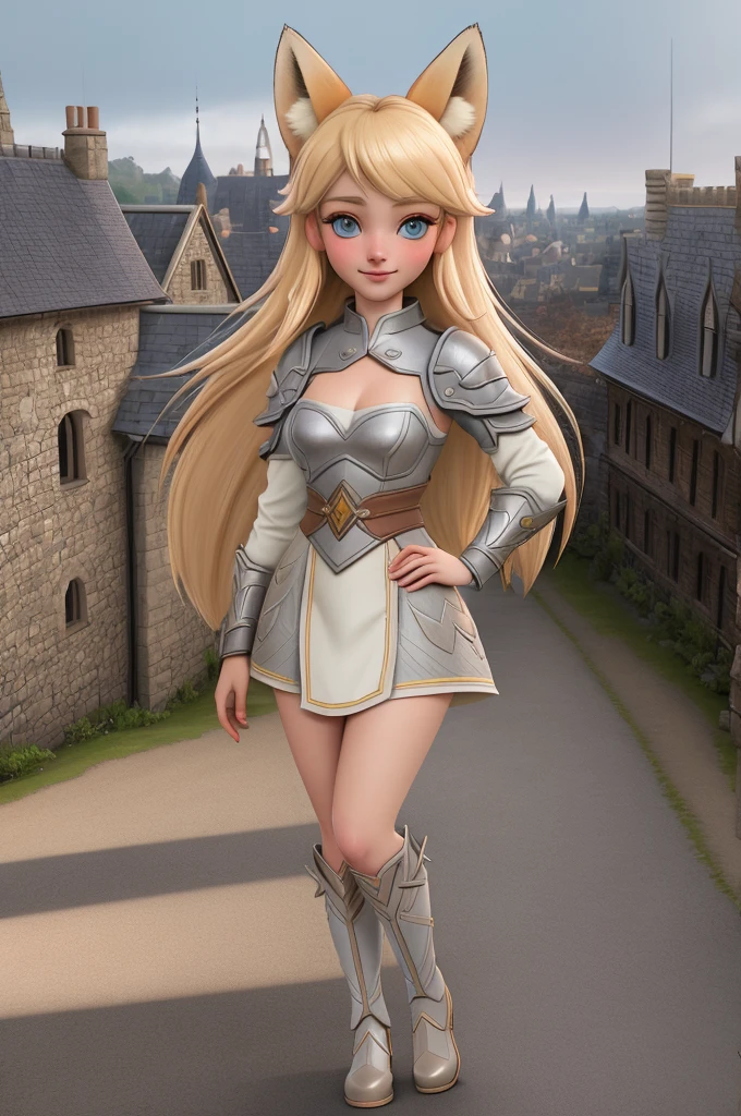 ((photo by full body, standing, Feet on the ground)) close up 1girl in, teenager, Solo, Aesthetic artwork, blond, straight blonde hair, super long blonde hair, light blue eyes,  some small freckles, pale skin, medium breasts, cleavage, runners body, (thin hips, thin waist: 1.25), (arched back:1.12), detailed skin, neutral face, shy smile, (posing: 1.25), revealing clothes, wearing leather Warcraft leather armor, leather hunter armor, (dirty blond fox ear:1.25), (detailed Castle roof background:1.1), rooftop, overlooking medieval city, 24mm, 4k textures, soft cinematic light, RAW intricate, elegant, highly detailed, sharp focus, ((((cinematic look)))), soothing tones, insane details, intricate details, hyperdetailed, low contrast, soft cinematic light, dim colors, exposure blend, hdr, faded