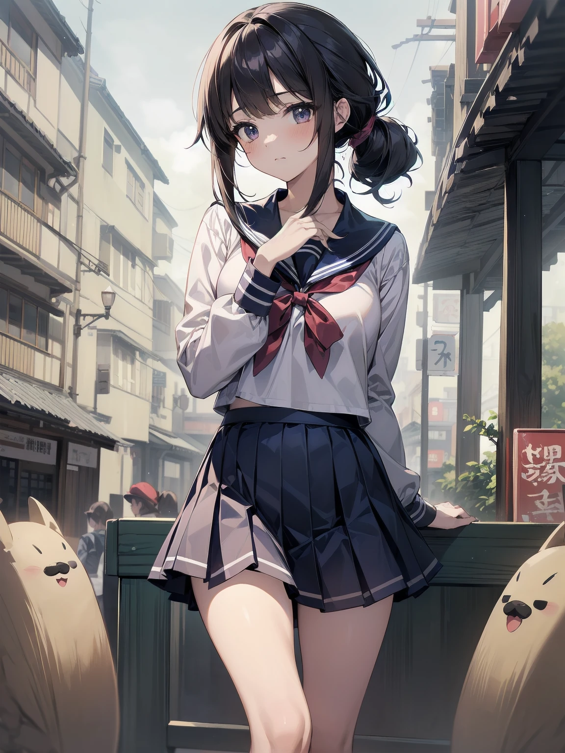 Masterpiece, illustration, super detailed, kawaii, one girl, 独奏, slender , Japanese girl, chou chou, ribbon, nape of neck, low ponytail, cute pose in Less revealing attire, (Sailor uniform from Girls' Saint Academy, navy blue, white with 3 lines on collar), priss skirt, white socks, loafers, , Long Sleeves, White innerwear for sailor suit, living room, cowgirl shot, sfw, dynamic angle、Close-up on the characters、(building, city、A dense fog of fluorescent particles、1800Era、Japanese Style、Fiction、grow、Overwhelming、Detailed street)、A beautiful girl with a beautiful background and a super cute pose