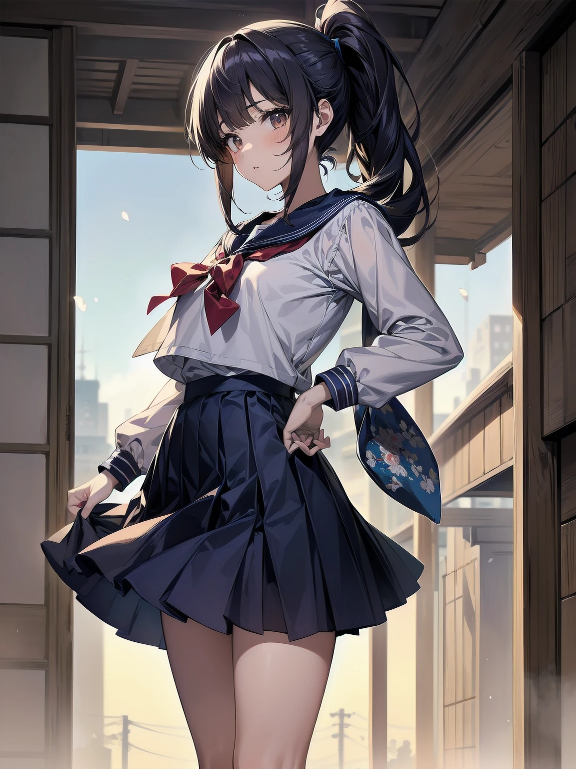 Masterpiece, illustration, super detailed, kawaii, one girl, 独奏, slender 14 year old, Japanese girl, chou chou, ribbon, nape of neck, low ponytail, cute pose in Less revealing attire, (Sailor uniform from Girls' Saint Academy, navy blue, white with 3 lines on collar), priss skirt, white socks, loafers,  , Long Sleeves, White innerwear for sailor suit, living room, cowgirl shot, sfw, dynamic angle、Close-up on the characters、(building, city、A dense fog of fluorescent particles、１８００Era、Japanese Style、Fiction、grow、Overwhelming、Detailed street）、A beautiful girl with a beautiful background and a super cute pose
