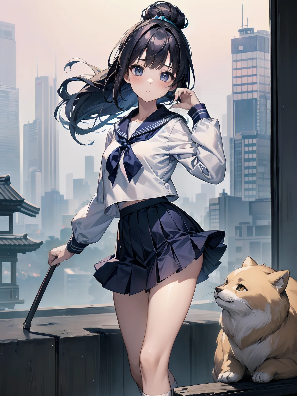 Masterpiece, illustration, super detailed, kawaii, one girl, 独奏, slender 14 year old, Japanese girl, chou chou, ribbon, nape of neck, low ponytail, cute pose in Less revealing attire, (Sailor uniform from Girls' Saint Academy, navy blue, white with 3 lines on collar), priss skirt, white socks, loafers,  , Long Sleeves, White innerwear for sailor suit, living room, cowgirl shot, sfw, dynamic angle、Close-up on the characters、(building, city、A dense fog of fluorescent particles、１８００Era、Japanese Style、Fiction、grow、Overwhelming、Detailed street）、A beautiful girl with a beautiful background and a super cute pose
