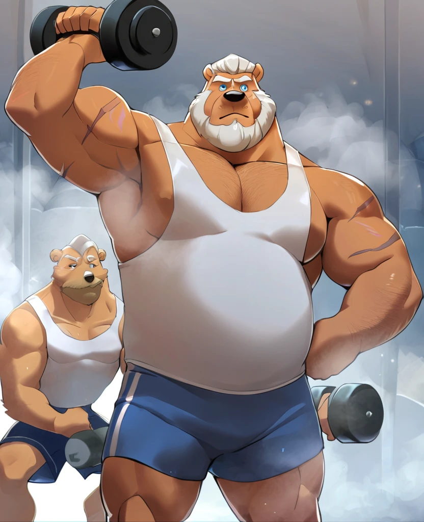 Grizzlies，personification，Mature male，Hercules，White hair，naked，Gentle expression，Blue pupils，gray eyebrows，Scars on face，White tank top，Gym Shorts,  Hands Holding Dumbbells，The Age of Steam，Gym Fitness Center。