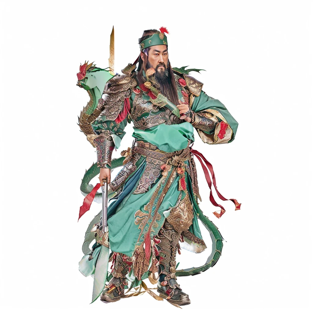 Guan Yu， guan yu, ancient chinese warrior, male deity, taoist priest, deity ribbon, holding Green Dragon Crescent Blade (Green Dragon Crescent Blade)