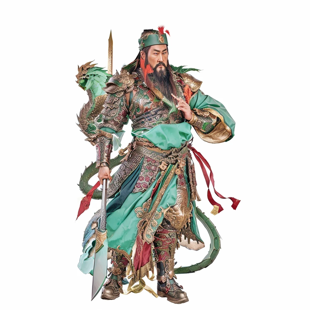 Guan Yu， guan yu, ancient chinese warrior, male deity, taoist priest, deity ribbon, holding Green Dragon Crescent Blade (Green Dragon Crescent Blade)