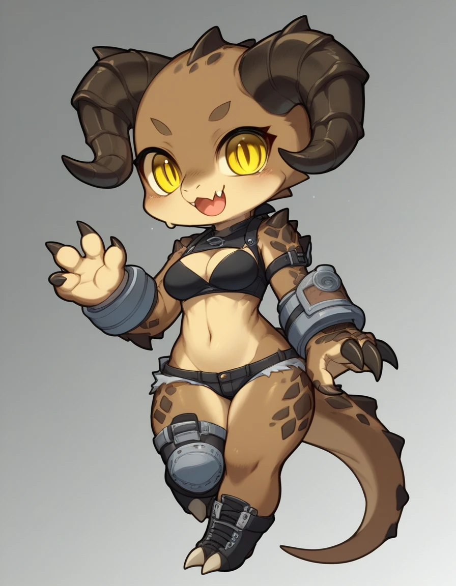 score_9,score_8_up,score_7_up, source_cartoon, kemono style, chibi, cute style, deathclaw fallout, Anthro girl, big yellow eyez, tall and slender, 