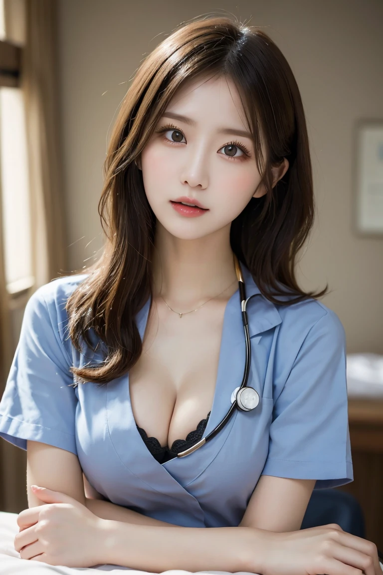 Hospital Nurse, Highest quality, shape, Very detailed, In detail, High resolution, 8k wallpaper, Perfect dynamic composition, Beautiful details, Natural Lip, Cute Nurse Stethoscope, Big Breasts,Full Body Cleavage, She has a sexy pose and a sensual face.., A masterpiece of the whole body,