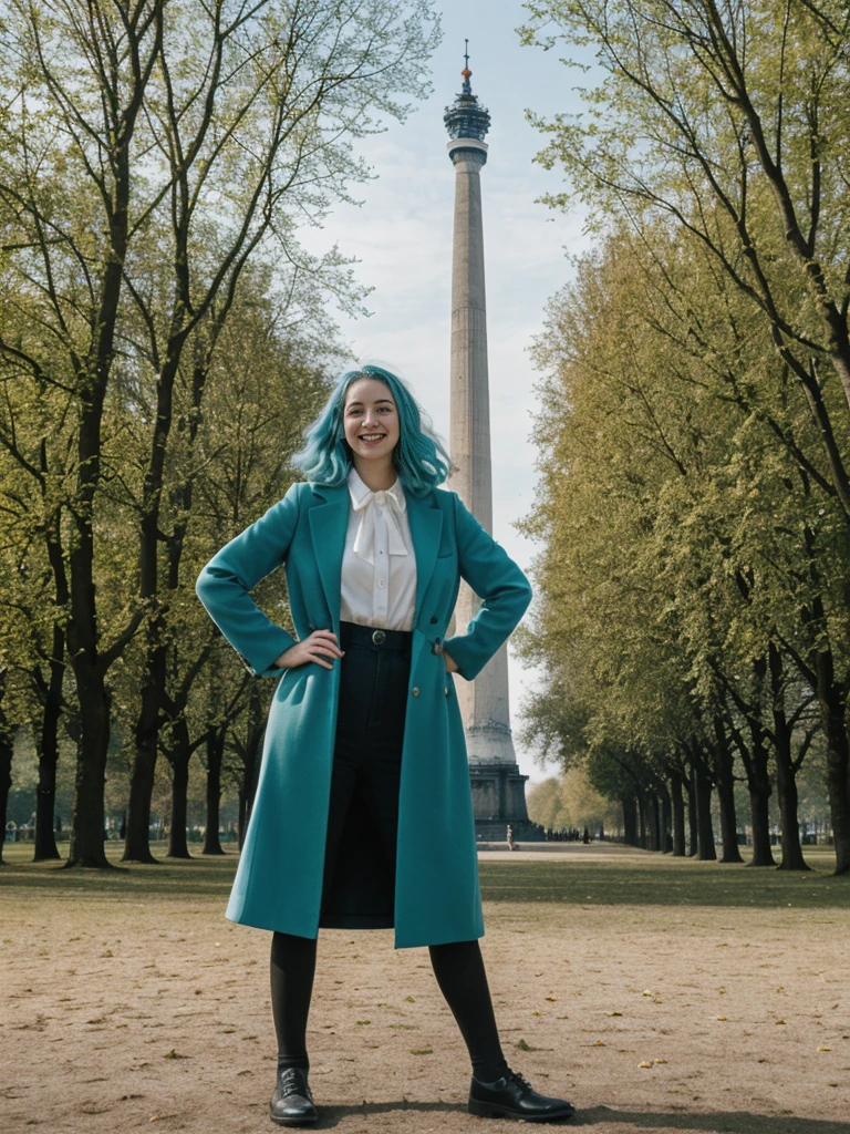 her name is Amelie, high quality, 1girl, ((25-year-old fit Caucasian woman)), ((25 years old)), ((BODY TYPE: HOURGLASS)), ((Teal COLORED Hair)), smiling, pose: standing, wearing Well-dressed ULTRA MODERN Generation-Z modern wear DARK colored, BACKGROUND:  "Walking through the Tiergarten park, with its serene lakes, gardens, and views of the Victory Column."