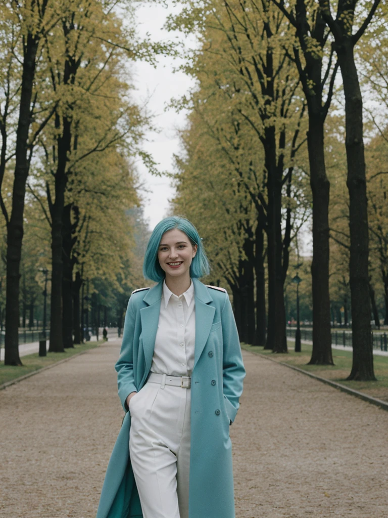 her name is Amelie, high quality, 1girl, ((25-year-old fit Caucasian woman)), ((25 years old)), ((BODY TYPE: HOURGLASS)), ((Teal COLORED Hair)), smiling, pose: standing, wearing Well-dressed ULTRA MODERN Generation-Z modern wear WHITE colored, BACKGROUND: "Walking through the Tiergarten park, with its serene lakes, gardens, and views of the Victory Column."