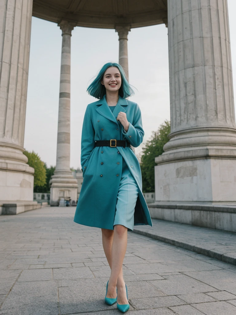 her name is Amelie, high quality, 1girl, ((25-year-old fit Caucasian woman)), ((25 years old)), ((BODY TYPE: HOURGLASS)), ((Teal COLORED Hair)), smiling, pose: standing, wearing Well-dressed ULTRA MODERN Generation-Z modern wear WHITE colored, BACKGROUND:  "Walking through the Tiergarten park, with its serene lakes, gardens, and views of the Victory Column."