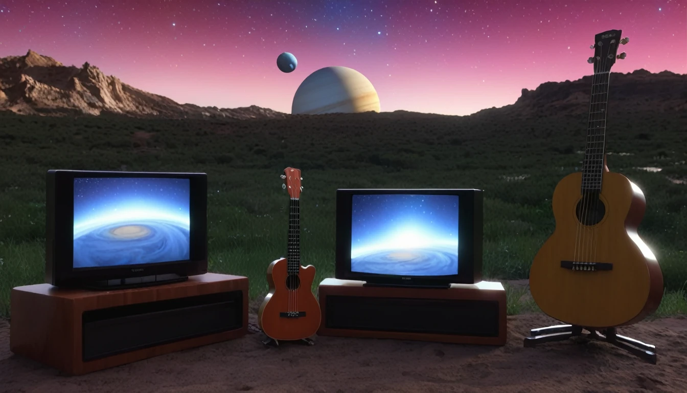 multiple TVs( Different times); Ukulele (Planet Venus, Marte, Pluto, saturn in the background)