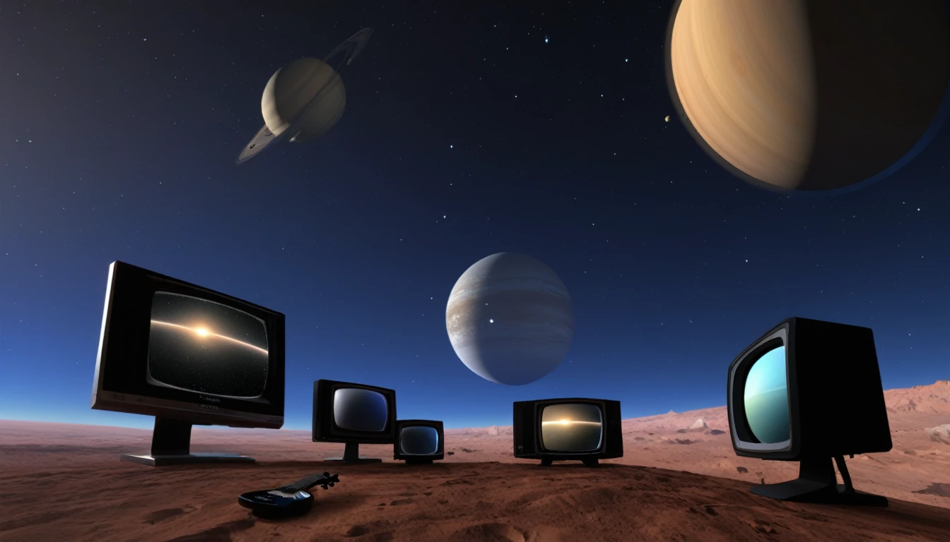 multiple TVs( Different times); Ukulele (Planet Venus, Marte, Pluto, saturn in the background)