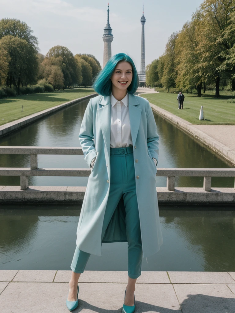 her name is Amelie, high quality, 1girl, ((25-year-old fit Caucasian woman)), ((25 years old)), ((BODY TYPE: HOURGLASS)), ((Teal COLORED Hair)), smiling, pose: standing, wearing Well-dressed ULTRA MODERN Generation-Z modern wear WHITE colored, BACKGROUND:  "Walking through the Tiergarten park, with its serene lakes, gardens, and views of the Victory Column."