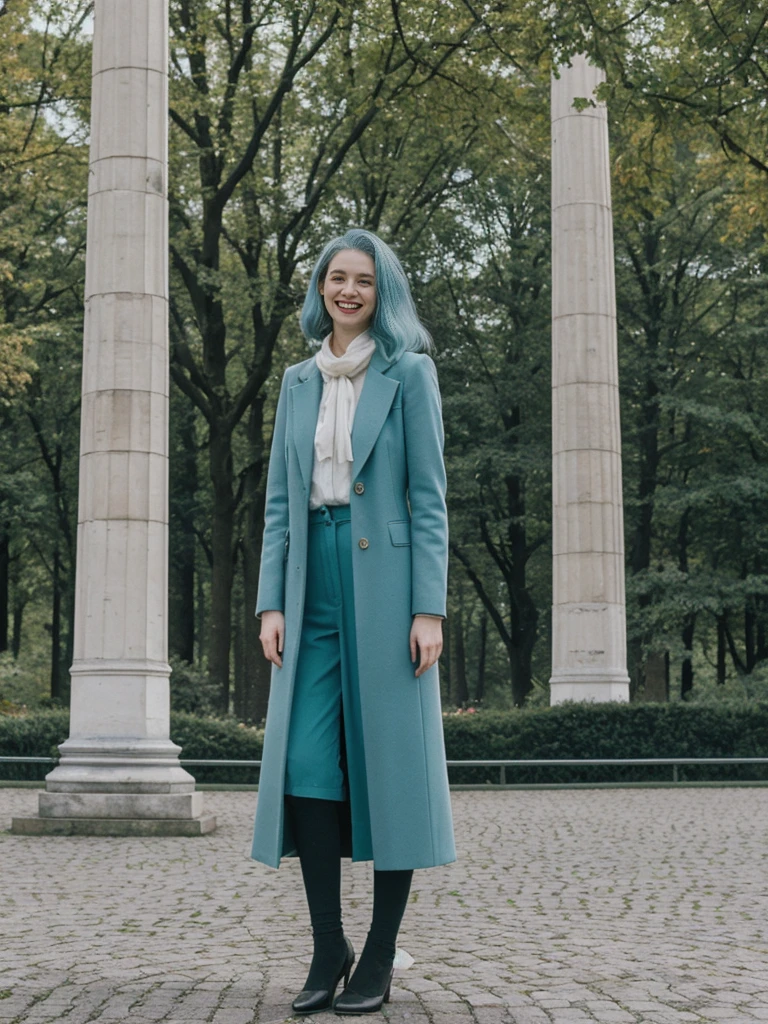 her name is Amelie, high quality, 1girl, ((25-year-old fit Caucasian woman)), ((25 years old)), ((BODY TYPE: HOURGLASS)), ((Teal COLORED Hair)), smiling, pose: standing, wearing Well-dressed ULTRA MODERN Generation-Z modern wear WHITE colored, BACKGROUND:  "Walking through the Tiergarten park, with its serene lakes, gardens, and views of the Victory Column."