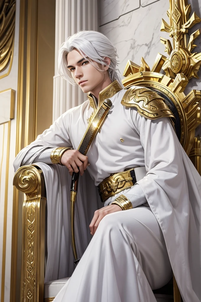 A man in his 20's with gold eyes. He is wearing adventurer armor that is white with gold accents. His weapon is a katana that has gold energy flowing from it. The setting is a marble throne room  with multiple thrones in it. He has white hair with gold accents.