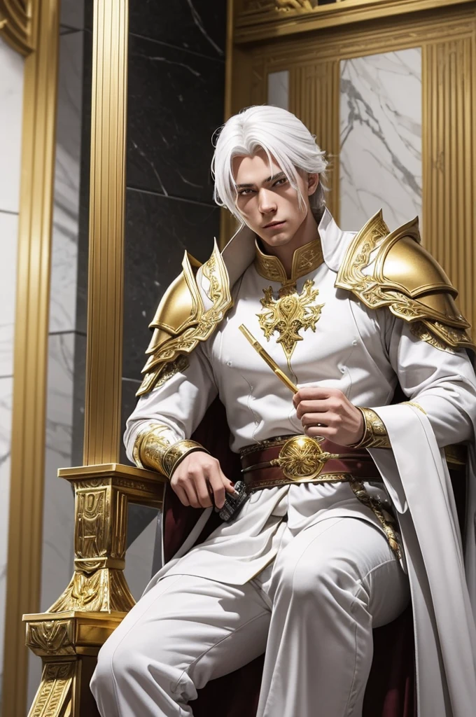A man in his 20's with gold eyes. He is wearing adventurer armor that is white with gold accents. His weapon is a katana that has gold energy flowing from it. The setting is a marble throne room with multiple thrones in it. He has white hair with gold accents.