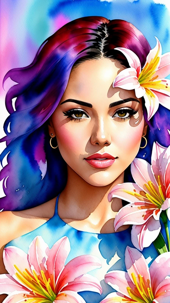 (Adult Latina model Daisy Marie), wtrcolor style, digital art (Lilies), official art, blown by the wind, masterpiece, beautiful, ((watercolor)), paint splash, intricate details. great detail, [drip:0.5], trends on Artstation, Rachel Walker