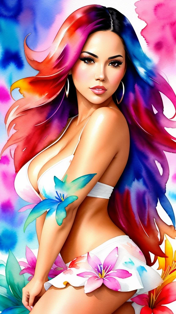 (Adult Latina model Daisy Marie), wtrcolor style, digital art (Lilies), official art, blown by the wind, masterpiece, beautiful, ((watercolor)), paint splash, intricate details. great detail, [drip:0.5], trends on Artstation, Rachel Walker