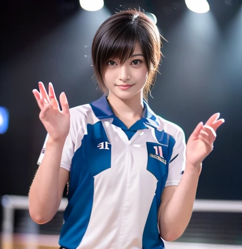 20 year old Japanese beauty，Slender body、Volleyball Uniforms、short hair、Perfect Eyes、Realistic 3D images，Bust is very very very small、Full body image、The background is a spotlit stage、High-quality photos、Clear, sharp images of the lower body、Masterpiece 8K(1.3)、Smiling、Waving