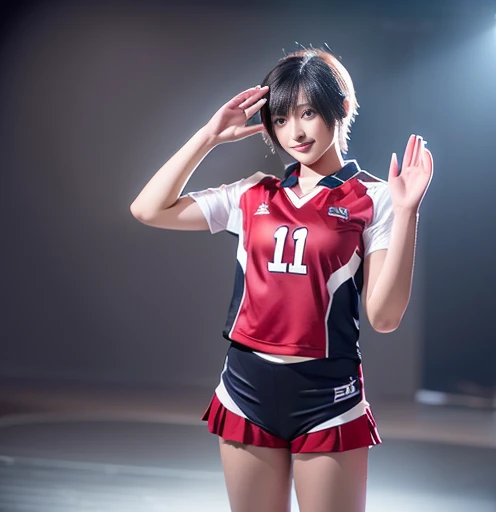 20 year old Japanese beauty,Slender body、Volleyball Uniforms、short hair、Perfect Eyes、Realistic 3D images,Bust is very very very small、Full body image、The background is a spotlit stage、High-quality photos、Clear, sharp images of the lower body、Masterpiece 8K(1.3)、Smiling、Waving
