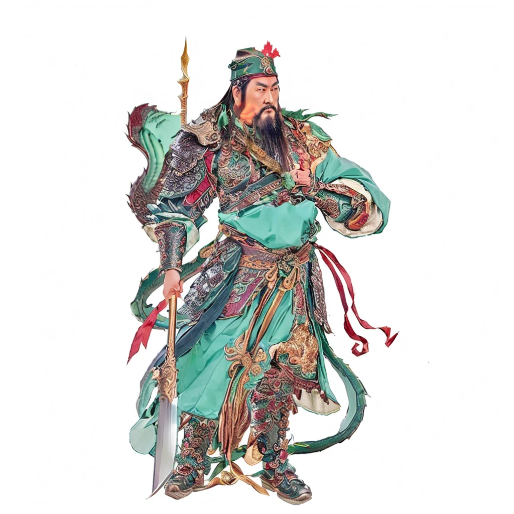 Guan Yu， guan yu, ancient chinese warrior, male deity, taoist priest, deity ribbon, holding Green Dragon Crescent Blade (Green Dragon Crescent Blade)