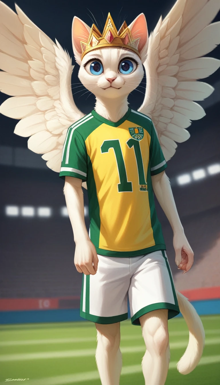 Create an image of a round-faced cat with big eyes, adorned with a jeweled crown and intricate jewelry, wearing a yellow Brazil football jersey. The cat has wings and stands proudly. The background is pure white. The scene is 3D-like, realistic, ultra-detailed, in 4K and 8K resolution."