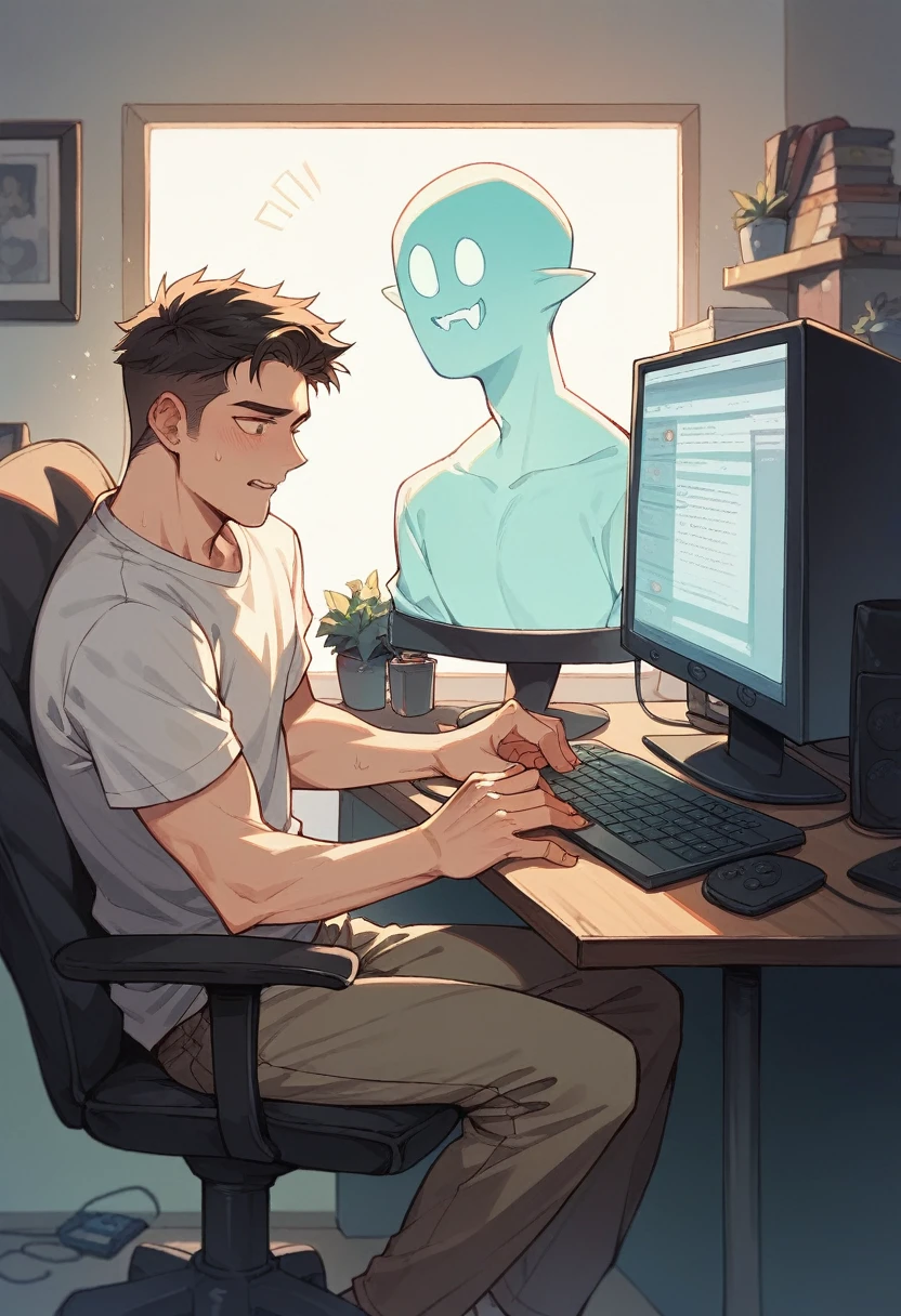 A man sits playing a game in front of a computer, a ghost behind him holds a joystick, a man screams loudly.