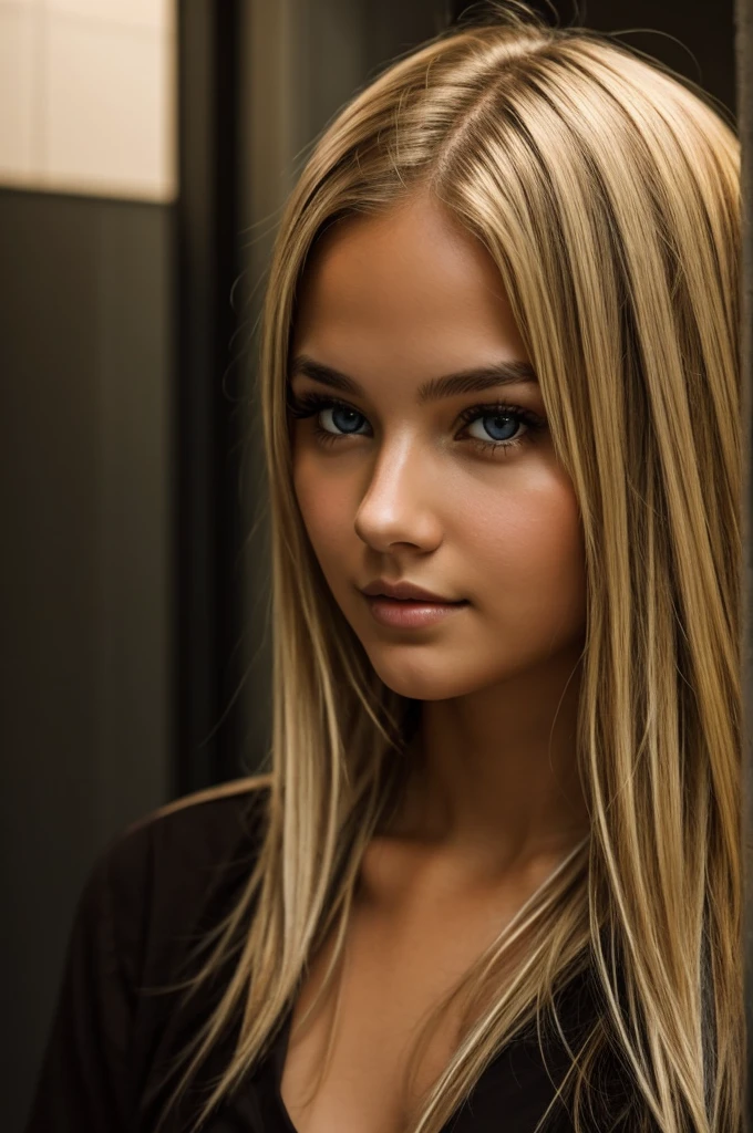Young cute blonde woman with brown eyes on a dark theme