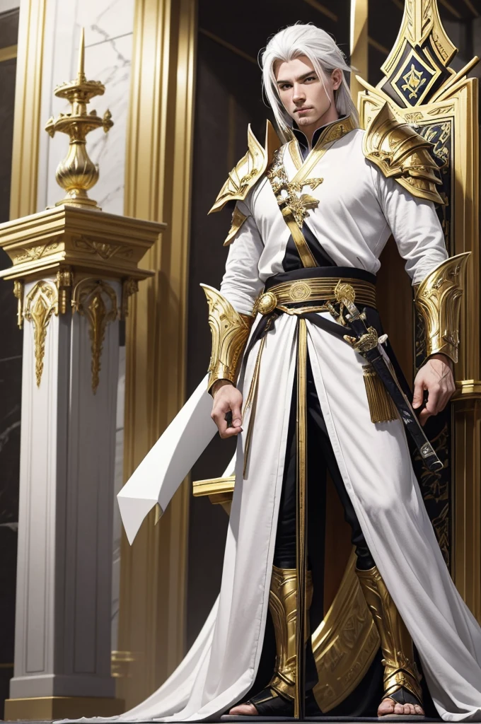 A man in his 20's with gold eyes. He is wearing adventurer armor that is white with gold accents. His weapon is a katana that has gold energy flowing from it. The setting is a marble throne room with multiple thrones in it. He has white hair with gold accents. He is standing posing with his sword.