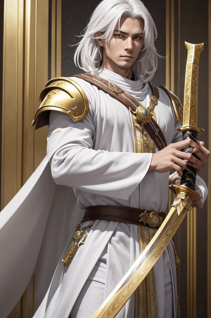 A man in his 20's with gold eyes. He is wearing adventurer armor that is white with gold accents. His weapon is a katana that has gold energy flowing from it. The setting is a marble throne room with multiple thrones in it. He has white hair with gold accents. He is standing posing with his sword.