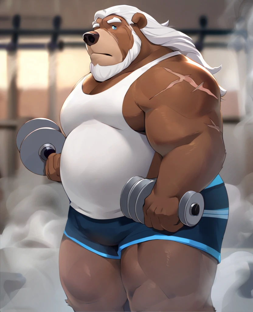 Solo, 1boy, Grizzly Bear,personification,Mature male,Hercules,White hair,naked,Gentle expression,Blue pupils,gray eyebrows,Scars on face,White tank top,Gym Shorts, Hands Holding Dumbbells,The Age of Steam,Gym Fitness Center。