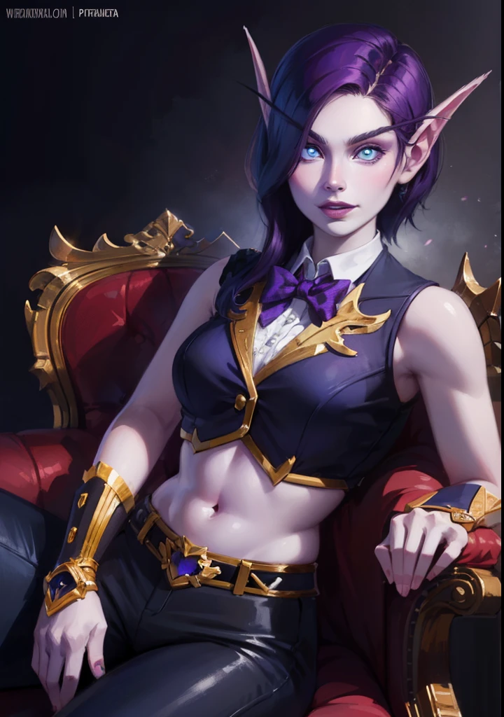 (8K, RAWphotograph, highest quality, masterpiece:1.2), High resolution, Super detailed, intricate details, disorganized, masterpiece, break , beautiful detailed woman, beautifully detailed mouth, highly detailed eyes and face, beautiful and fine eyes, 20 years old girl, (1girl, purple hair, short hair, spiral eyes, smirk, lustful eye, purple lip, licking lips, Tounge out) (digital) (sitting on chair) (looking at viewer), (Purple Forest background), (purple Puffy shorts) (Purple Puffy sweater)) , best quality, blue eyes, pointy ears, colored skin, blue skin, sleeves, gloves, Purple clothes, semi crop top, gold trim, voidelf