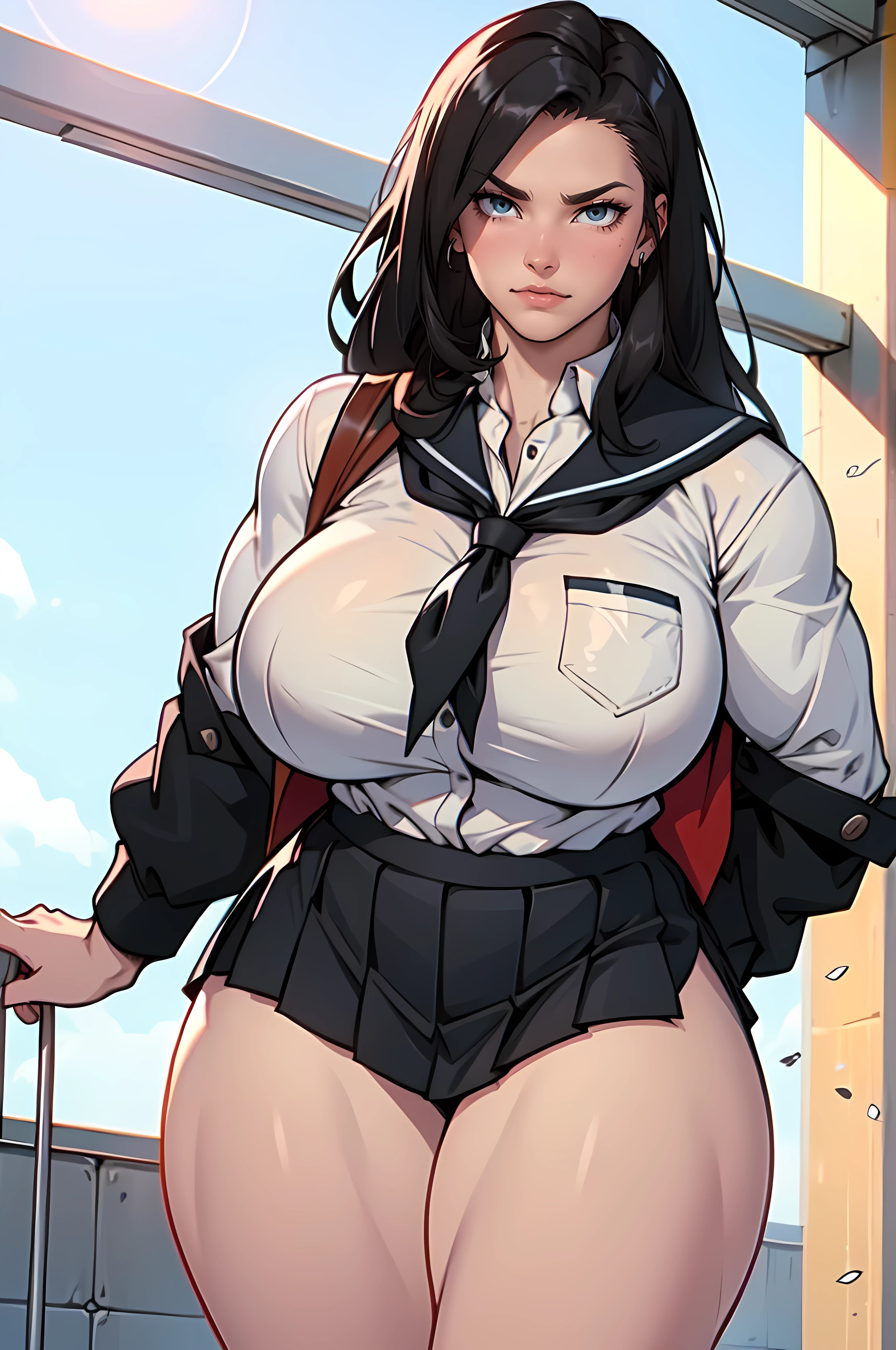 (1girl), black hair, extremely long hair, yellow eyes, ((huge muscular)), (huge breasts), thick thighs, solo, angry, (pale skin), cowboy shot, (school uniform) (best quality best quality best quality)