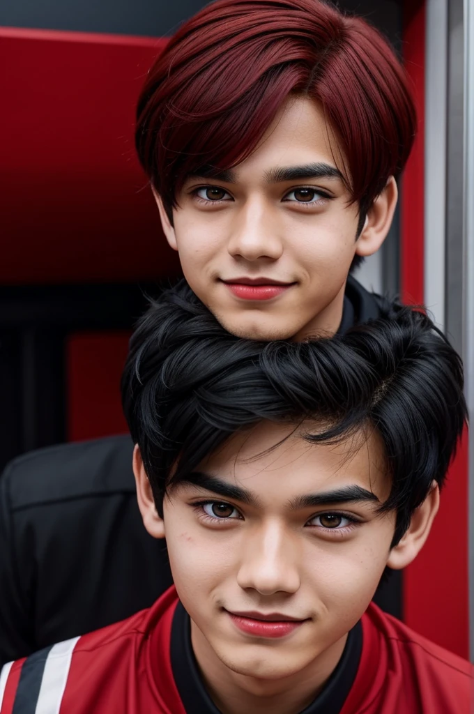 Short hair black hair and red hair boy , Gadis and red lips , tender and with dark circles on his face ,
happy expression , He is wearing the UA uniform from the anime My Hero Academia.