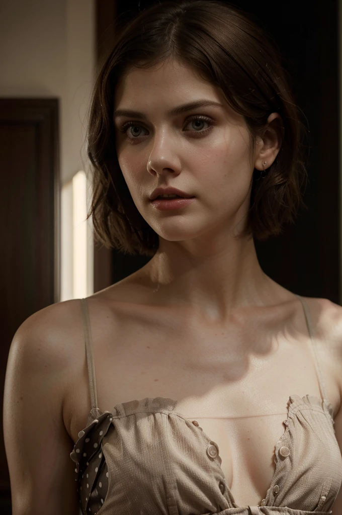 Alexandra Daddario with short brown hair, wearing a polka dot dress, slender figure, sad expression, detailed facial features, delicate skin, dramatic lighting, cinematic angle, high quality digital painting, muted color palette, photorealistic, 8k, masterpiece