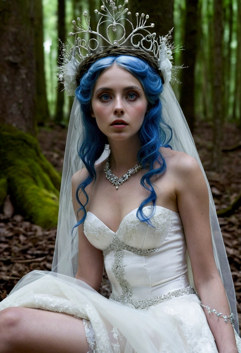 Emily, copse bride by tim burton, nude at the forest, open legs, pubic hair, beautiful face, perfect eyes, bridal diadem, blue hair