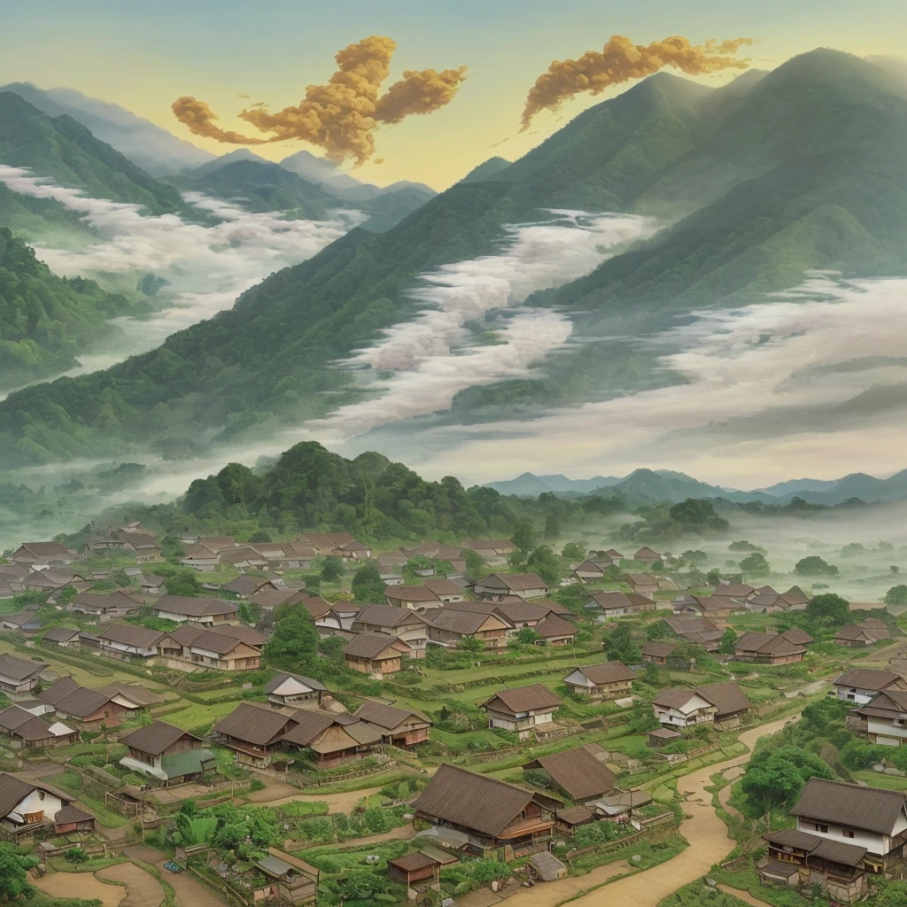 A charming village scene in Garut, West Java, unfolds in this painting, depicting traditional Sundanese homes with smoke billowing from kitchens, a village road, and vegetable gardens, all set against a backdrop of lush mountainous terrain and golden rice fields.