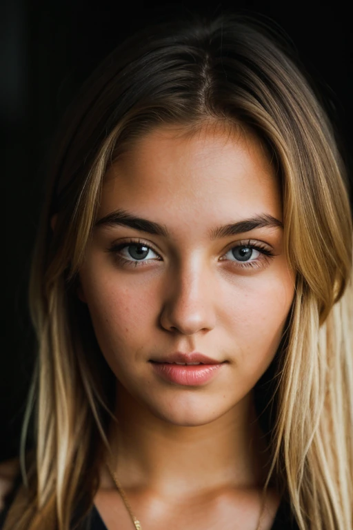 Young cute blonde woman with brown eyes on a dark theme facing the camera