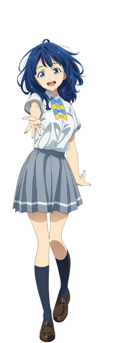 髪のcolorとスタイル:
color: Blue Style: Shoulder-length、The bangs are cut so that they fall over the forehead。Her hair is depicted as fluttering in the wind.。
目のcolor:
Blue expression:
Bright、Fun facial expression and outfit:
Upper Body: White short sleeve blouse accessories: 青と黄colorのリボン
下半身: グレーのプリーツスカート
socksと靴:
socks: Dark colored knee socks: 茶colorのローファー