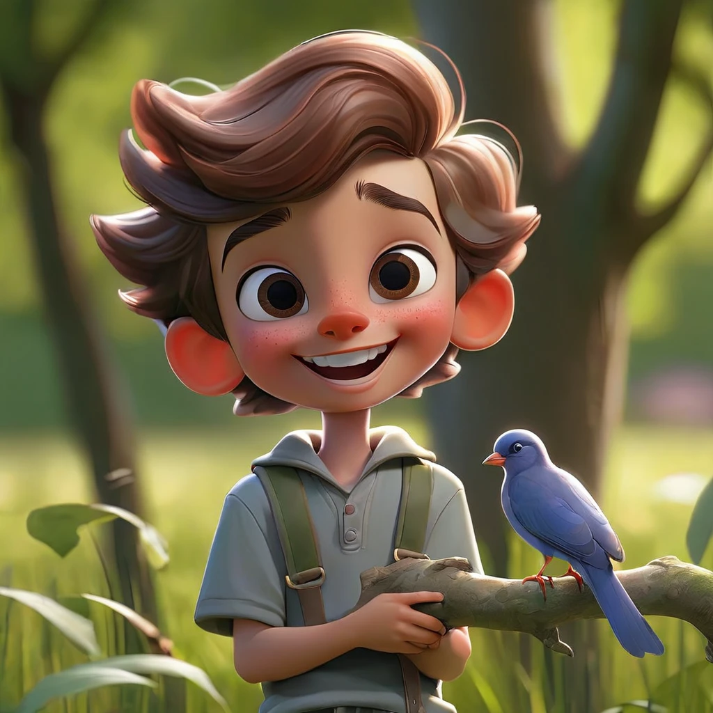 a happy boy in the park, Clawn, with trees, boy holding a bird's nest in his hands, little bird flying, mats, foliage, sunny park
