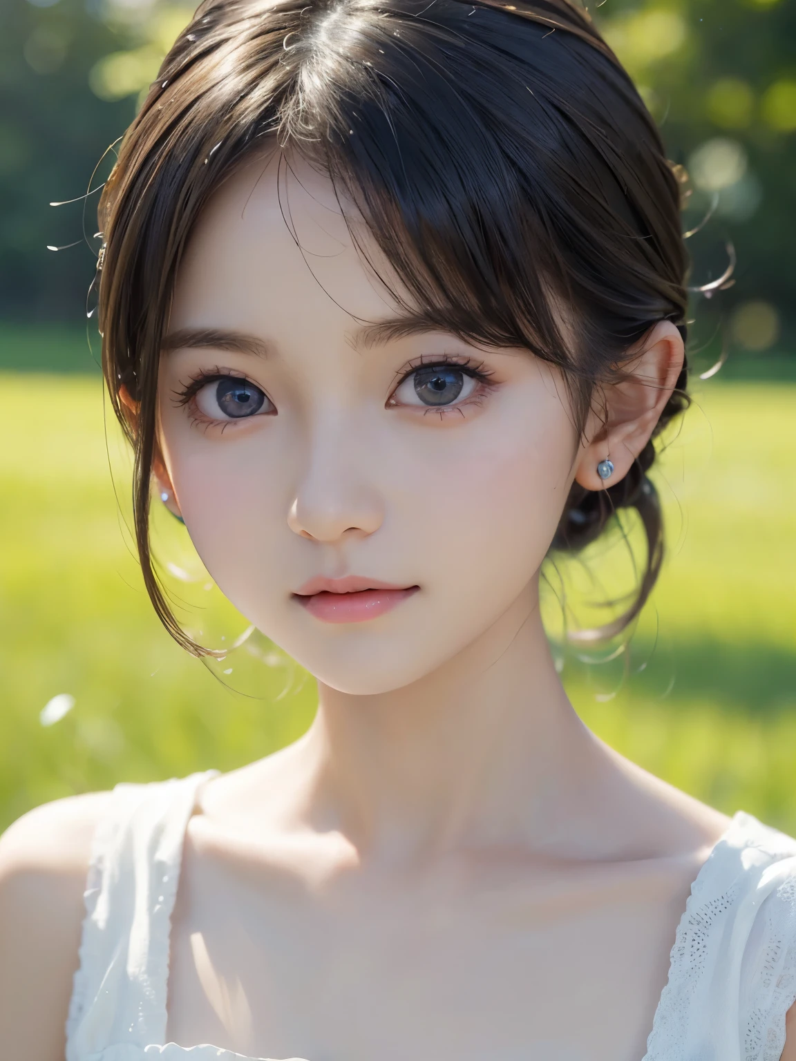 short hair、grassland、(12 years old:1.6)、(From the chest up:1.6)、Laughter、Close-up portrait of a girl wearing a white sleeveless top dress and earrings, Soft portrait shot 8k, Nice delicate face, High-quality 4K portraits, High-quality portraits, Soft and perfect white skin, 8k highly detailed face, Beautiful and delicate face, Beautiful light big eyes, Beautiful and realistic face, Beautiful girl and, Beautiful and realistic face, Cute girl