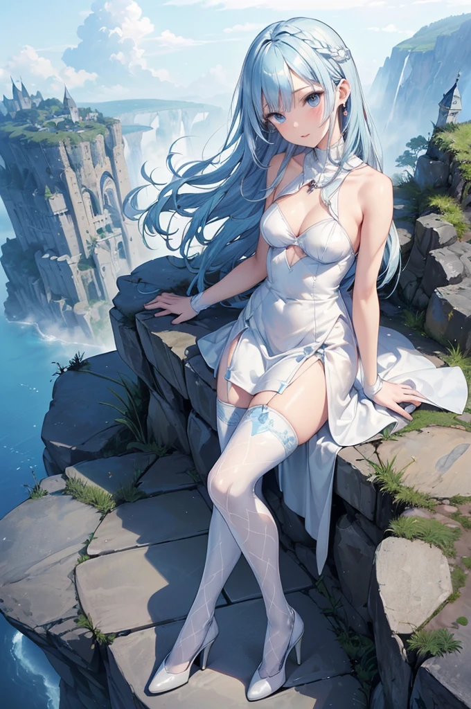 ((Biologically correct limb count)),(( From head to toe,Full-body photo including face)),4K,((Standing position)),masterpiece,((Focus on the face)),((Symmetrical facial features)),Eyes with detailed description,Beautiful woman,Great style,Beautiful arms,Beautiful legs,Beautiful Hands,(Small Ass,Thin thighs),Detailed depiction of the face,Small earrings,necklace,(White dress((High heels,Patterned stockings))),((Looking down the cliff from the castle in the sky)),Silk long gloves,(((blue blonde))),Realistic photo,fog around