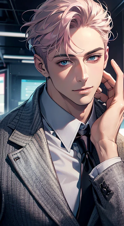 (Highest quality,4K,8K,High resolution,masterpiece:1.2),Super detailed,(Realistic,photoRealistic,photo-Realistic:1.37),1 person,31 years old,Mature Men,Beautiful skin、Profile、very handsome,Expressionless,smile,Short gray pink hair,blue eyes,Sharp Eyes,A perfect face without a doubt,Businessman,Office Background,Cinema Lighting,HDR image,tie、