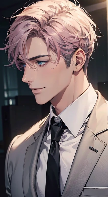 (Highest quality,4K,8K,High resolution,masterpiece:1.2),Super detailed,(Realistic,photoRealistic,photo-Realistic:1.37),1 person,31 years old,Mature Men,Beautiful skin、Profile、very handsome,Expressionless,smile,Short gray pink hair,blue eyes,Sharp Eyes,A perfect face without a doubt,Businessman,Office Background,Cinema Lighting,HDR image,tie、