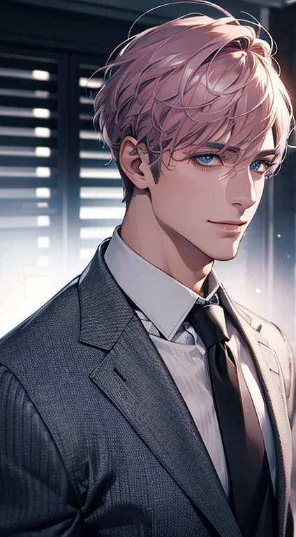 (Highest quality,4K,8K,High resolution,masterpiece:1.2),Super detailed,(Realistic,photoRealistic,photo-Realistic:1.37),1 person,31 years old,Mature Men,Beautiful skin、Profile、very handsome,Expressionless,smile,Short gray pink hair,blue eyes,Sharp Eyes,A perfect face without a doubt,Businessman,Office Background,Cinema Lighting,HDR image,tie、