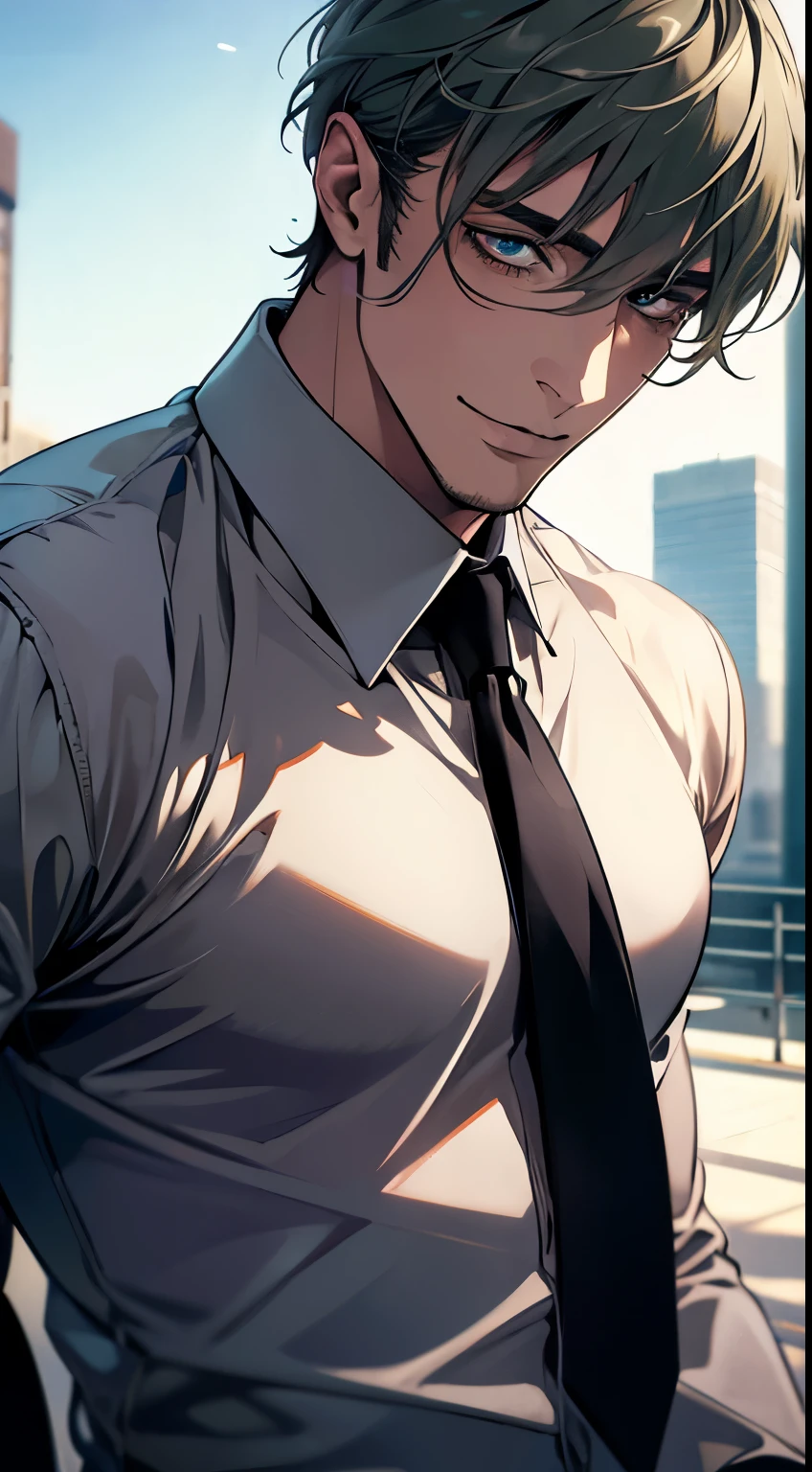 (best quality,4k,8k,highres,masterpiece:1.2),ultra-detailed,(realistic,photorealistic,photo-realistic:1.37),1 man,31 years old,mature man,very handsome,without expression,smile,short grey green hair,blue eyes,penetrating gaze,perfect face without errors,imposing posture,businessman,office background,cinematic lighting,hdr image