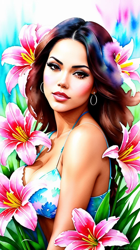 (Adult Latina model Daisy Marie), wtrcolor style, digital art (Lilies), official art, blown by the wind, masterpiece, beautiful, ((watercolor)), paint splash, intricate details. great detail, [drip:0.5], trends on Artstation, Rachel Walker