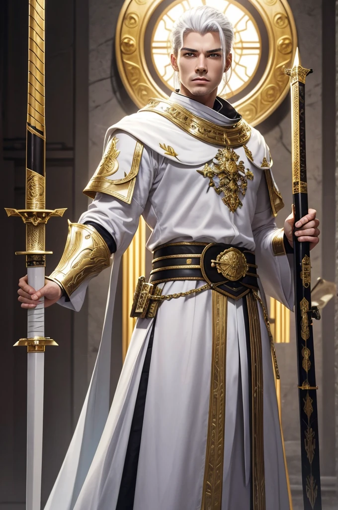 A man in his 20's with gold eyes. He is wearing adventurer armor that is white with gold accents. His weapon is a katana that has gold energy flowing from it. The setting is a marble throne room with multiple thrones in it. He has white hair with gold accents that is short to medium length and slicked back. He is standing posing with his sword.